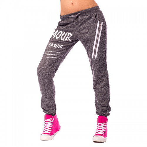 Dámská móda a doplňky - Dámské ležérní tepláky s potisky a zipem - šedé