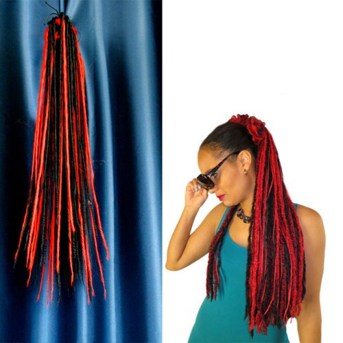 Prodlužování vlasů a účesy - Rasta cop - culík rovný 57 cm na skřipci - černý / červený