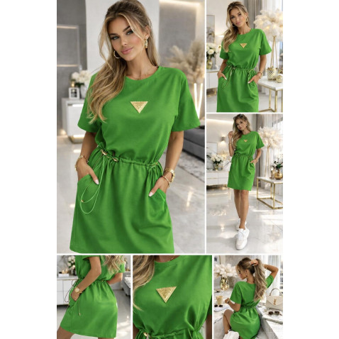 Bavlněná šatovka kapsy a v pase na staženi - zelená