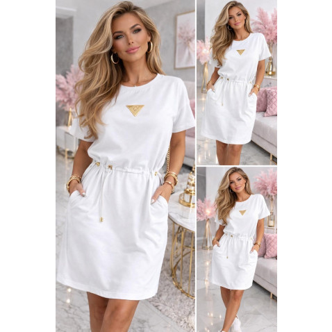 Bavlněná šatovka kapsy a v pase na staženi - bílá