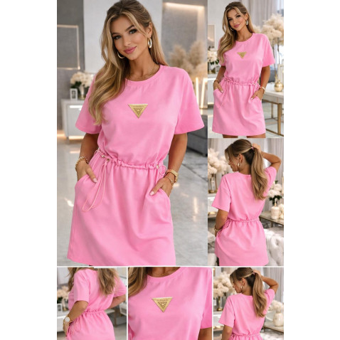 Bavlněná šatovka kapsy a v pase na staženi - růžová