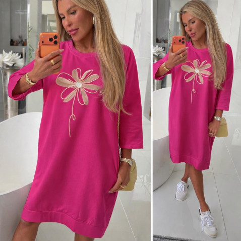 Dámská bavlněná šatovka s květem - růžová