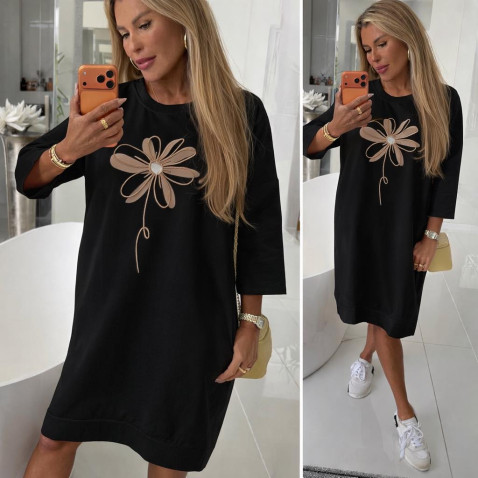 Dámská bavlněná šatovka s květem - černá