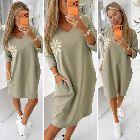 Dámská šatovka s květem a kapsami - khaki